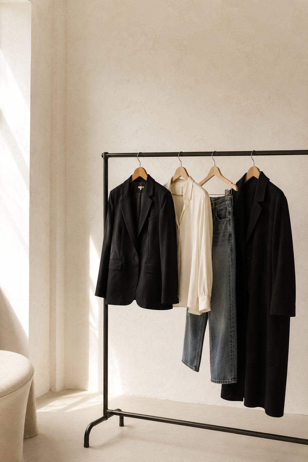 A rack of curated secondhand pieces in a sunlit room