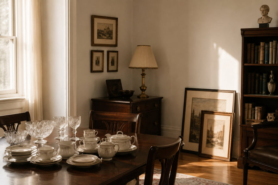 A dining room staged for an estate sale