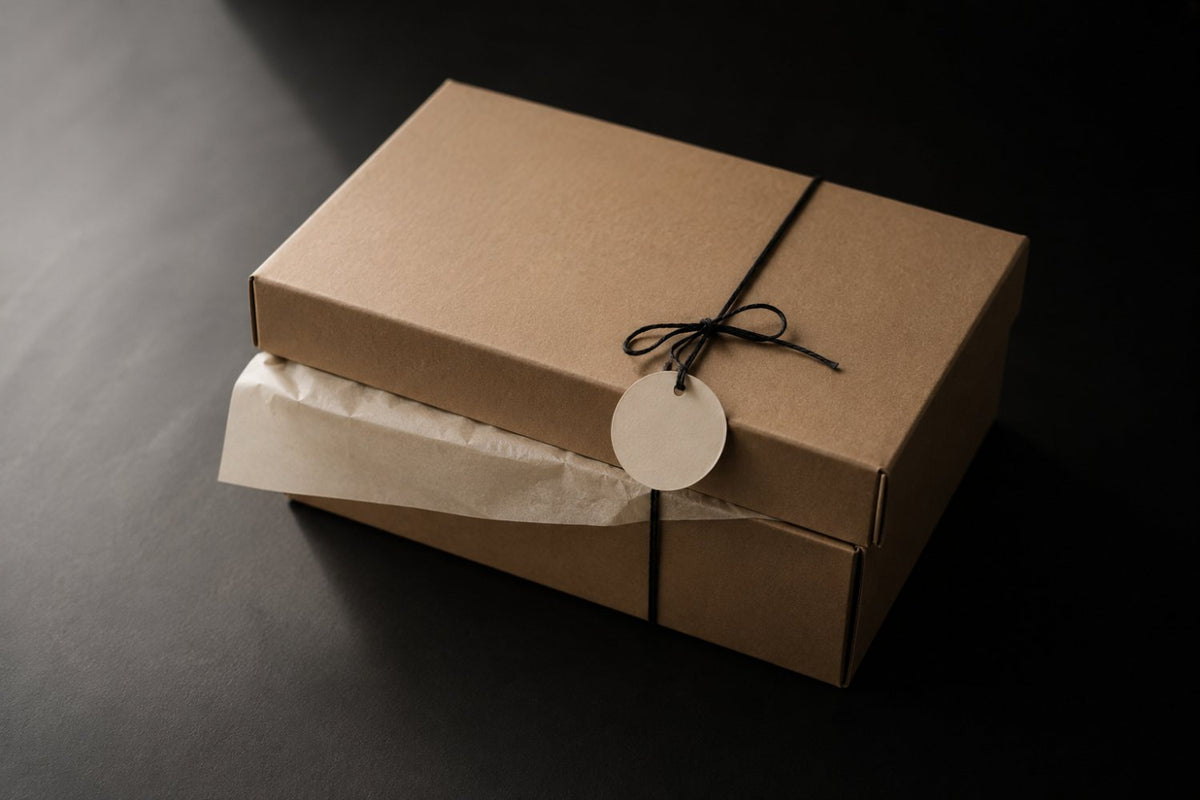 A kraft parcel tied with black twine and a round tag