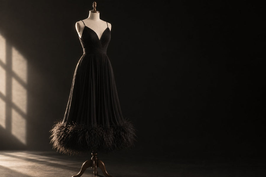 A black pleated dress with feather trim on a form